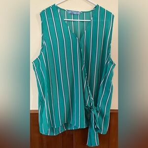 CURE size 3X, green with white and black vertical stripes, wrapped blouse.